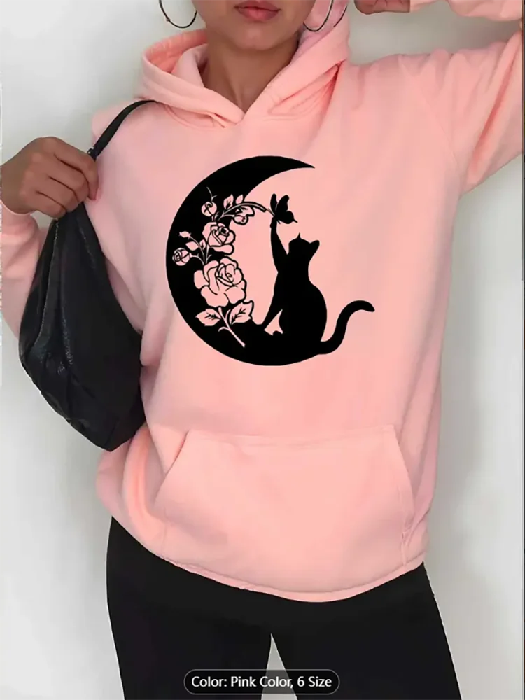 

Женская толстовка с капюшоном Moon Cat с цветочным графическим принтом, повседневная негабаритная толстовка с капюшоном на шнурке для любителей кошек и природы, чистый хлопок