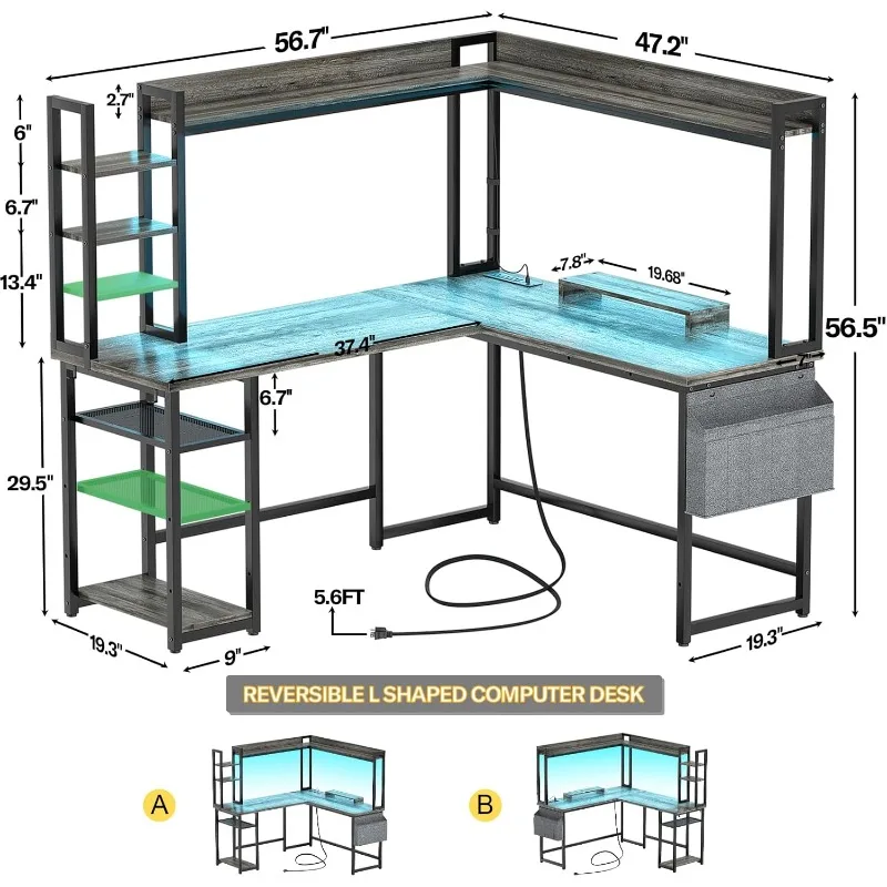 L Shaped Desk with Power Outlet, L Shaped Gaming Desk with Led Light & Hutch, Reversible Home Office Desk