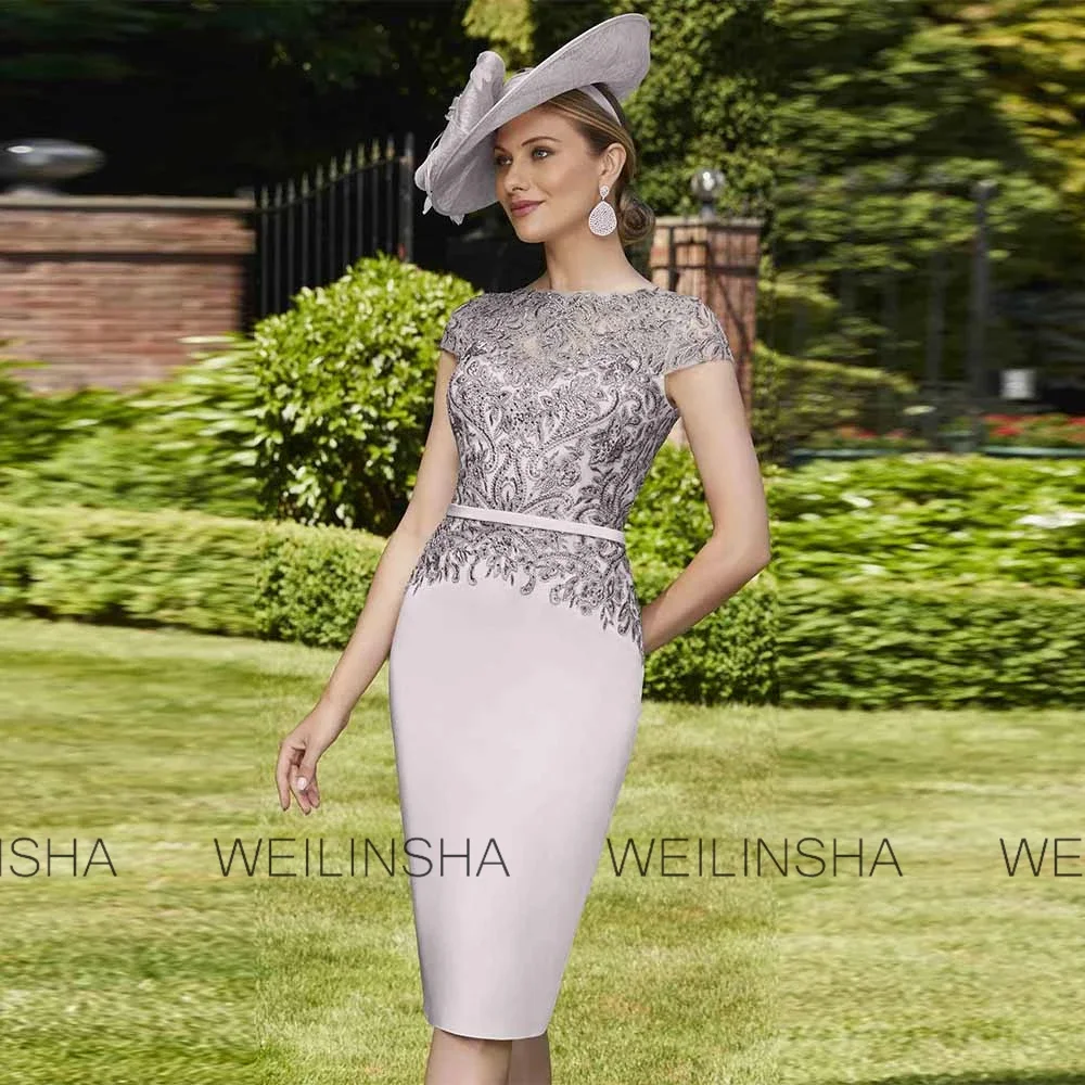 Customized Elegant Guest Wedding Party Dresses Crepe Fabric Sheath/Column Cocktail Dress Grey Boat Neck Mother of the BrideDress