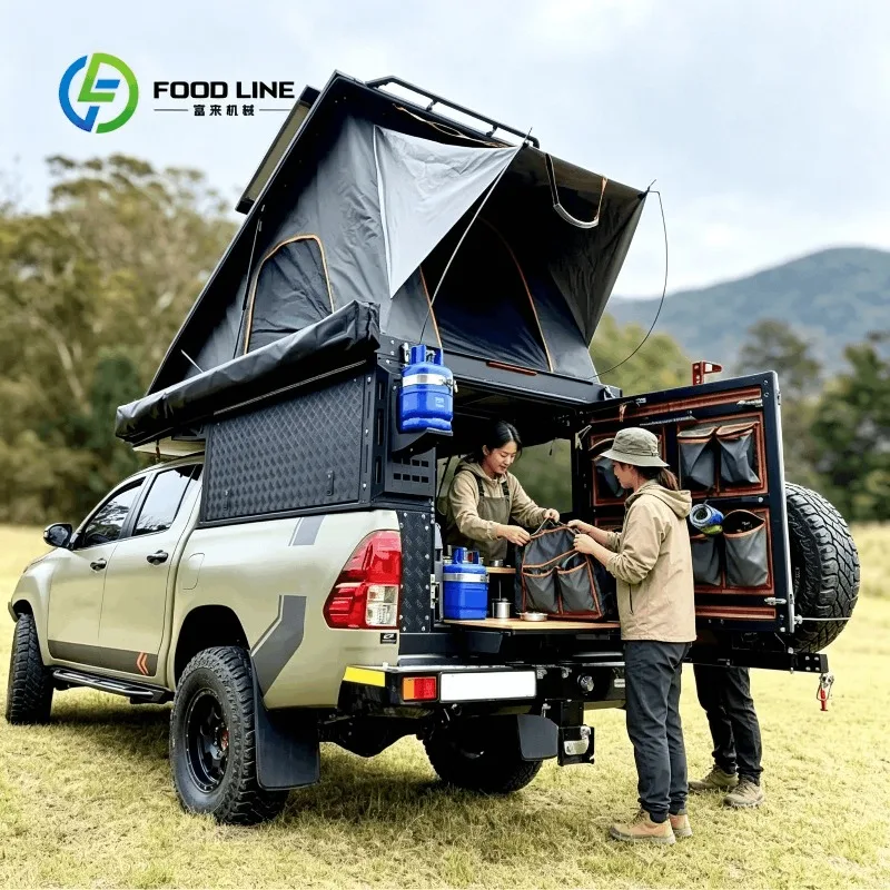 Customized pickup integrated hard shell canopy tent side storage compartment for outdoor wilderness overland campers