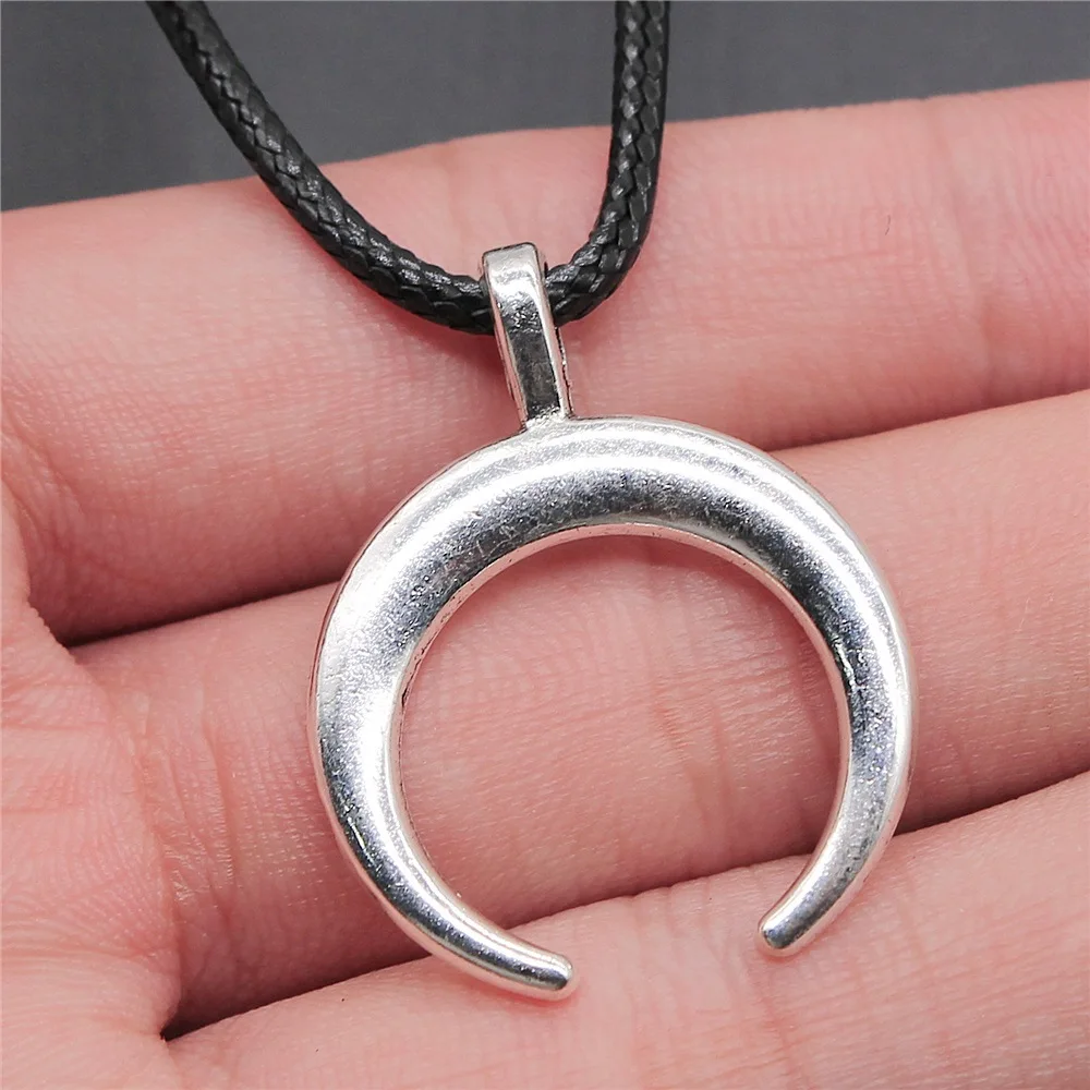 Retro Vintage Unisex 2 Colors 33x26mm Horns Crescent Moon Pendant Faux Black Leather Rope Chain Necklace