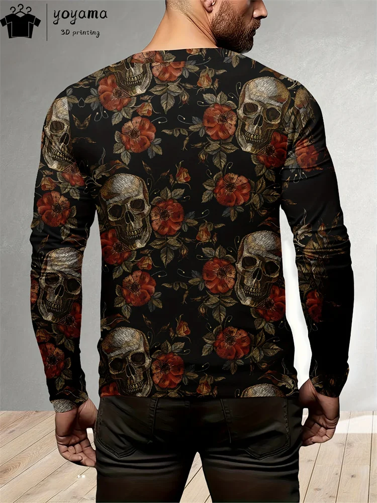 Halloween Rose Skull Pattern Print Men's Clothing 3D Print Fashion T shirt Men Round Neck Long Sleeve Skull Graphic T shirts Top