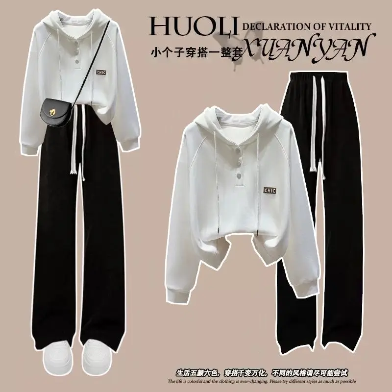 2025 Spring and Autumn New Suit Women's Korean-style Loose College-style Hooded Sweat Casual Wide-leg Pants Two-piece Trendy Set