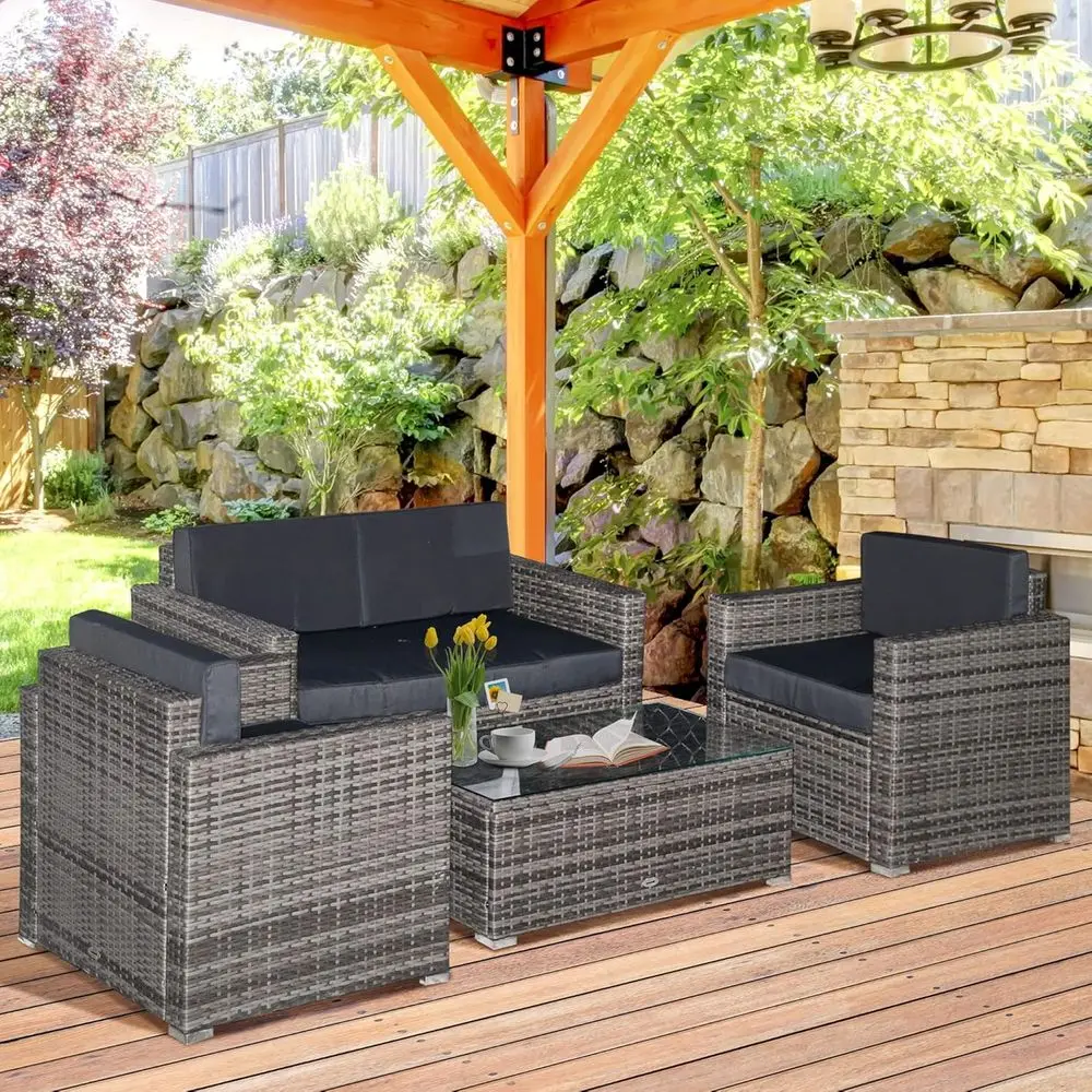 

4-Piece Wicker Outdoor Sectional Furniture Set with Cushions, Sofa, Loveseat, and Glass Top Coffee Table, Ideal for Patio or Gar