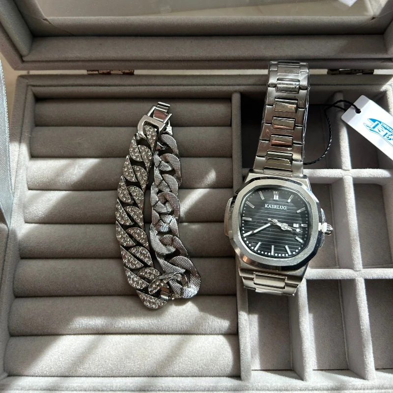 남성용 시계 간단한 야간 조명 달력 포함 쿼츠 남성용 시계+팔찌