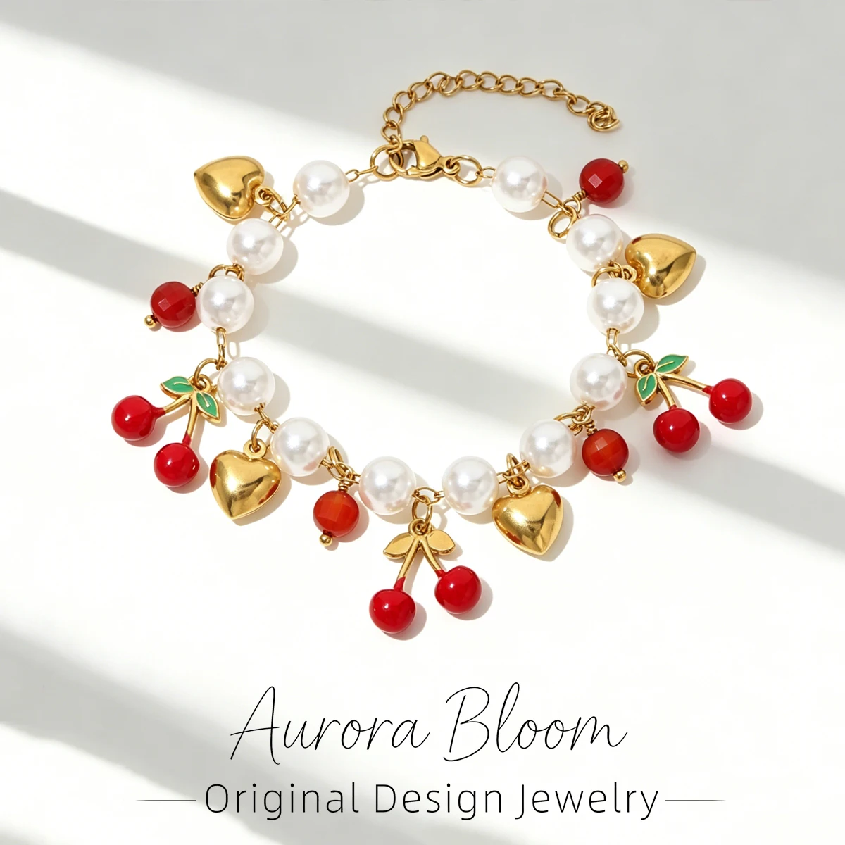 

AURORA Elegant Pearl Beaded String Chain Hand Bracelets Women's Stainless Steel Wrist Jewelry Cherry Pendant Bracelets For Women