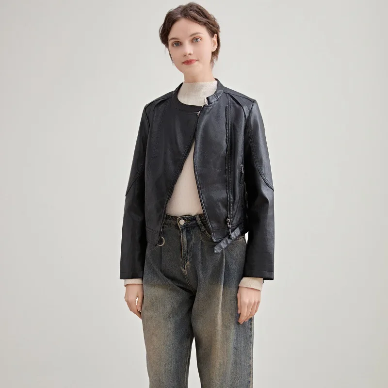 Compre roupas de couro outono gola ajuste fino motocicleta pu couro lavado moda feminina jaqueta curta