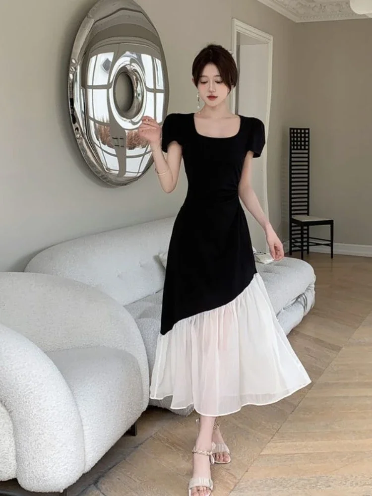 فستان نسائي طويل ماكسي بأكمام قصيرة فساتين نسائية على الطراز الكوري مصمم ريترو Kpop ملابس شبابية غير رسمية على شكل حرف A أنيقة للحفلات