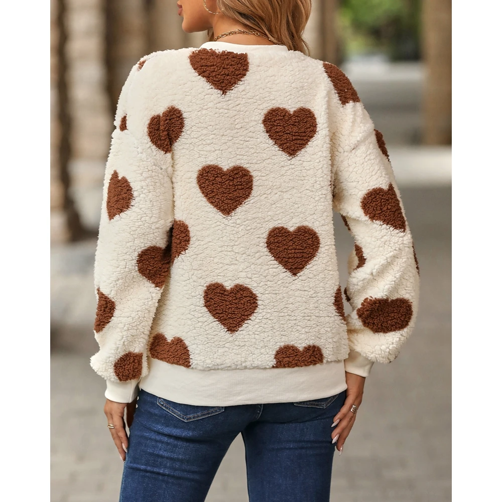 Elegant Women Heart Print Long Sleeve Casual Fluffy Sweatshirt Autumn Fashion Round Neck Top