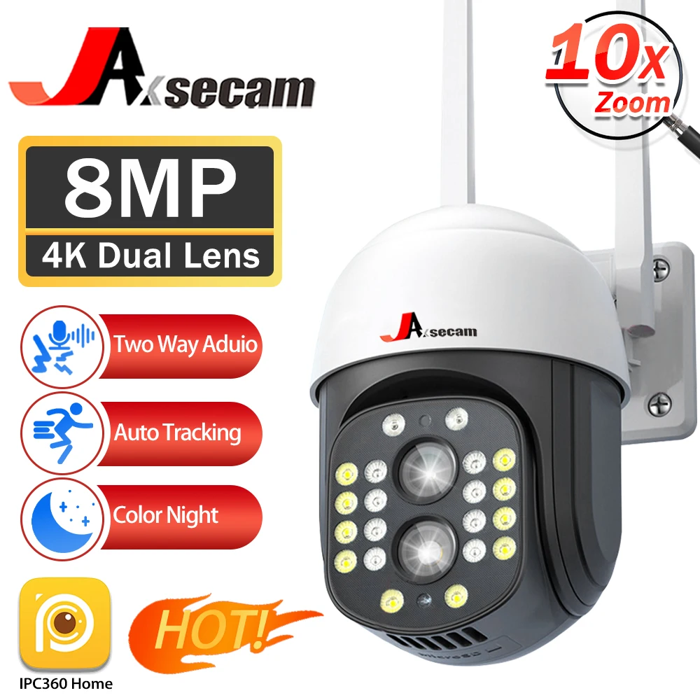 Câmera de vigilância ao ar livre Auto Tracking, PTZ, WiFi, lente dupla, zoom 10X, CCTV, proteção de segurança, 4K, 8MP, IPC360