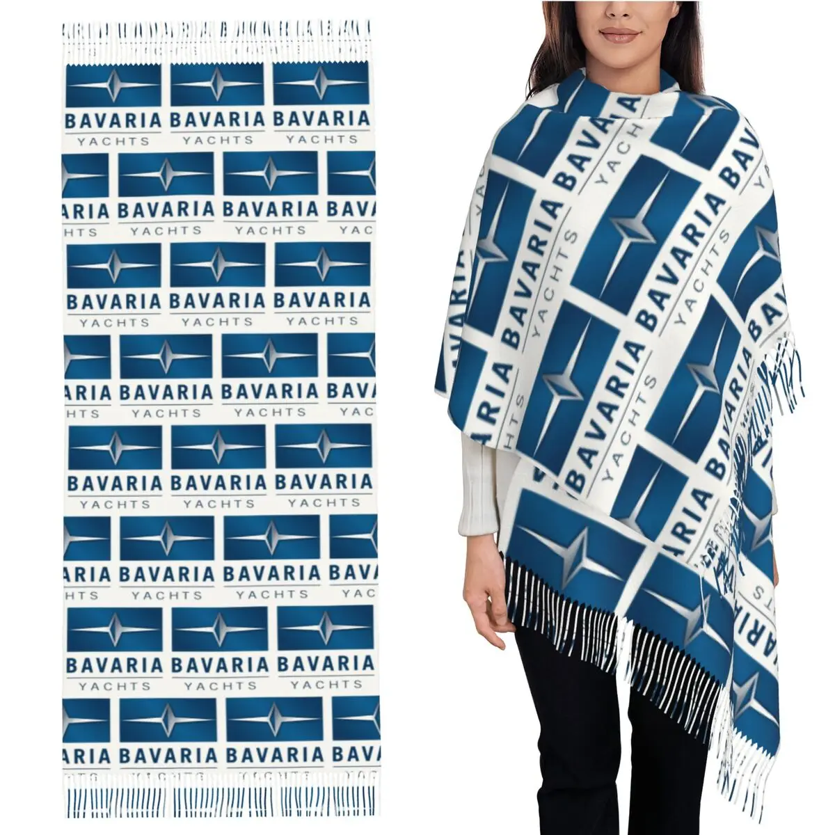 Bavaria-Yachts-Blue-Silver-Logo-Scarf-Tassel-Scarves-for-Women-Soft-Warm-Shawls-and-Wraps-Large-Fall-Winter-Shawl-Wrap