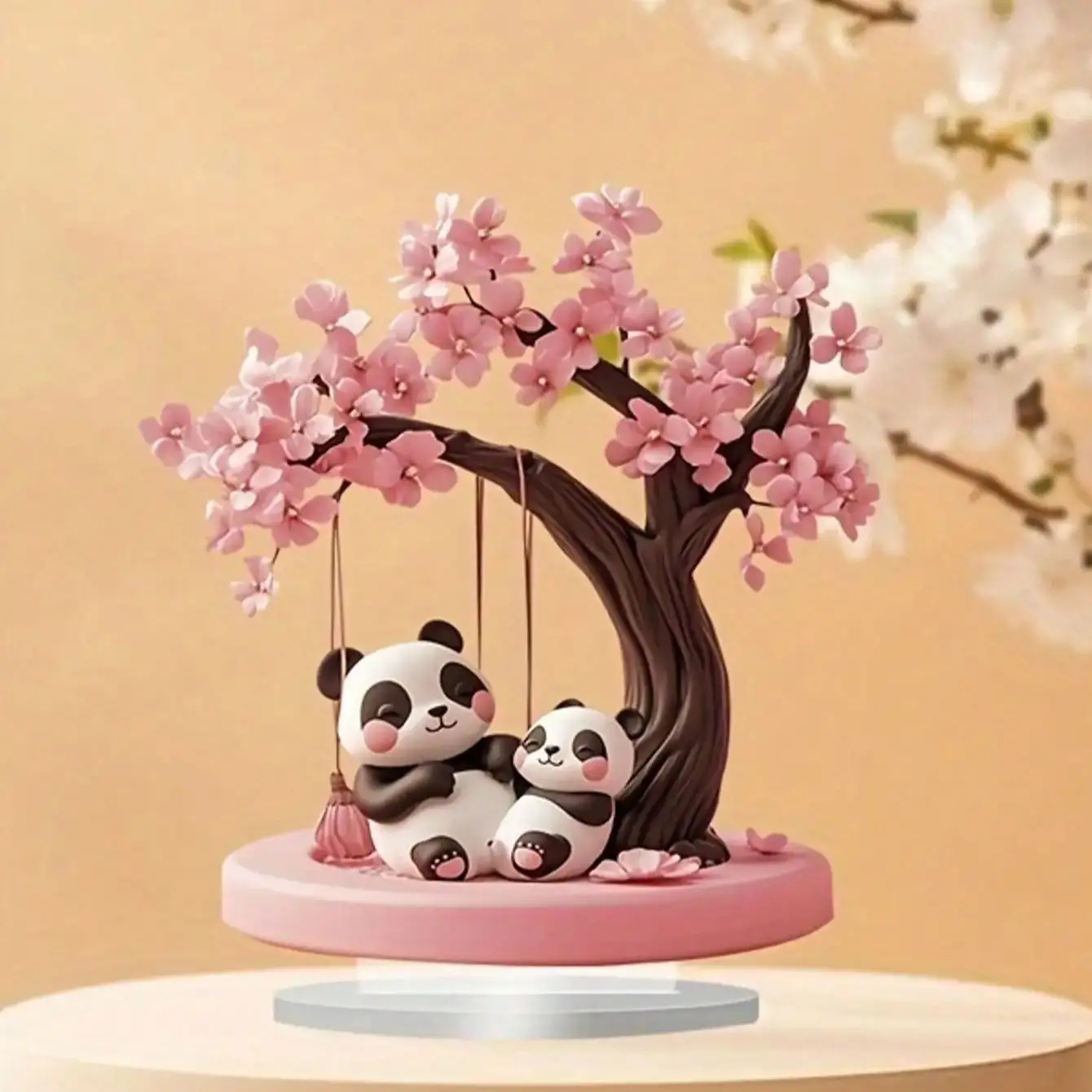 1 adorno de decoración de escritorio de árbol de flor de cerezo y panda rosa plano 2D, adecuado para decorar restaurantes y oficinas