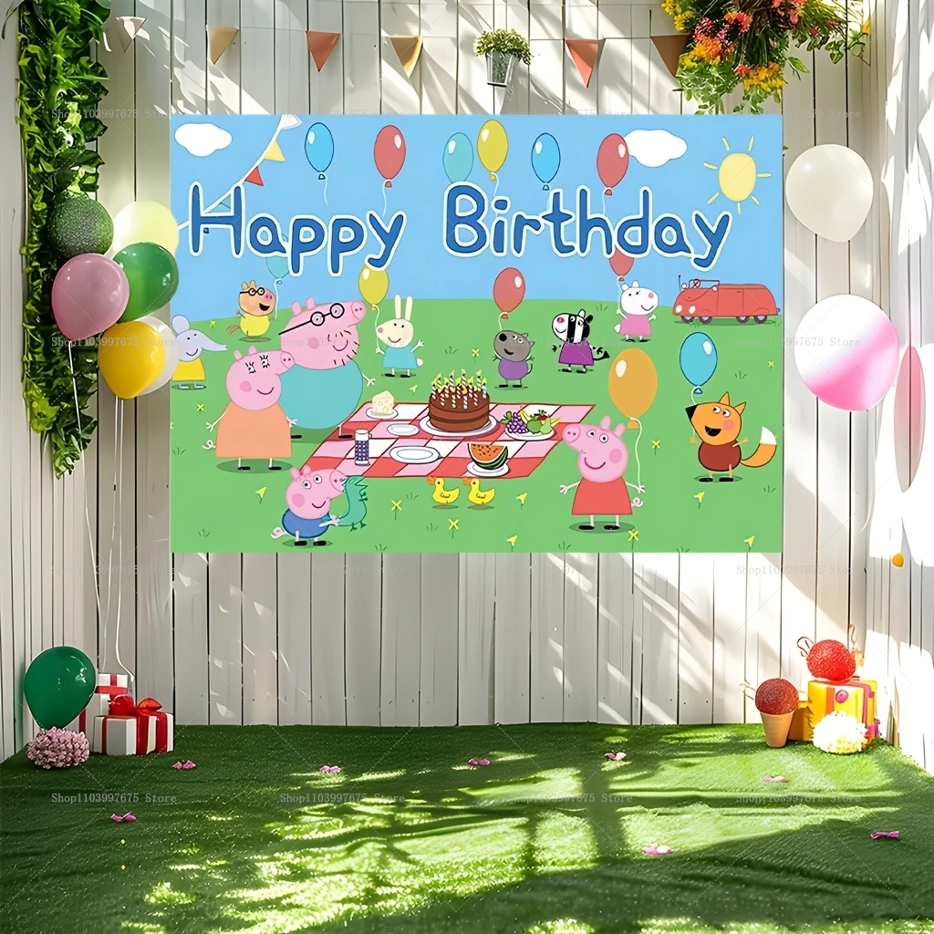 Custom Name Cartoon Peppa Pig Backdrops Baby Shower Children Birthday Party Decor Banner  Photo Booth Props Party Supplies view 5