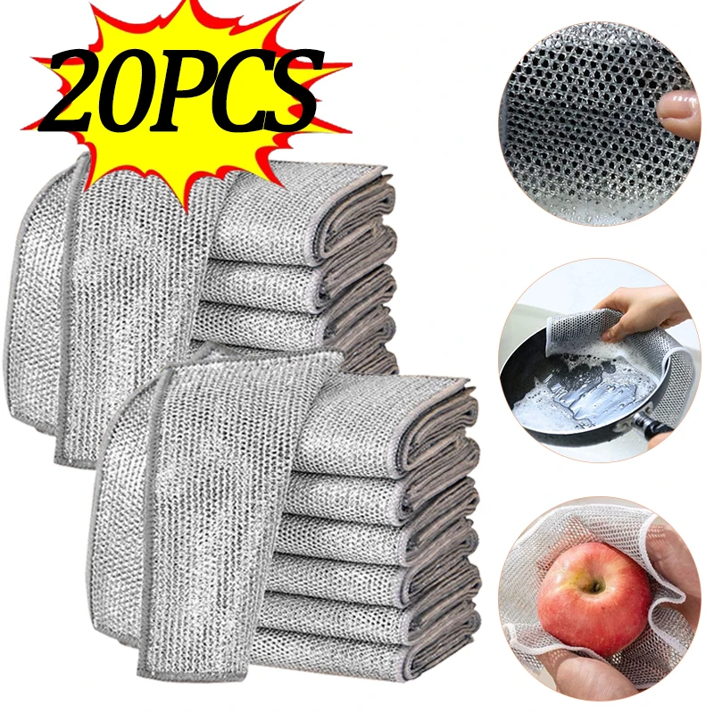 20/5pcs Double-side Steel Wire Cleaning Cloth Kitchen Pan Pot Dish Washing Cloths Household Cleaning Microfiber Mesh Rags Towel