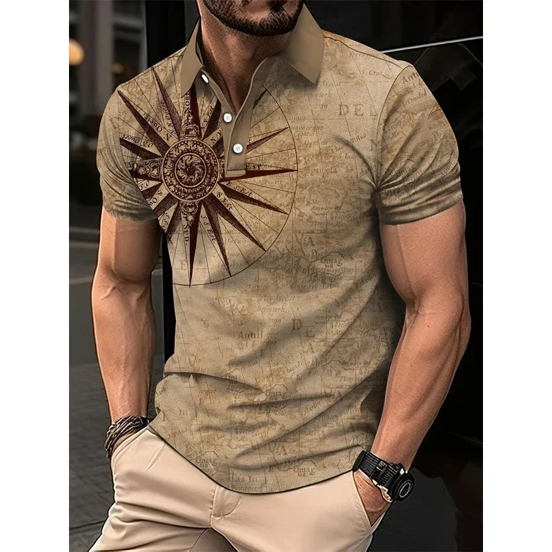 Men's Vintage Nautical Map Compass Print Polo T-Shirt Summer Daily Loose Short Sleeve Male Tops Casual Tees Streetwear Fashion