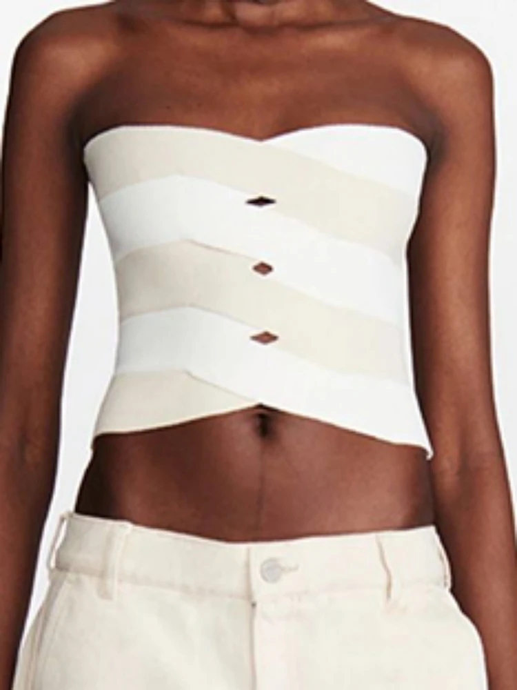 

Sexy Strapless Irregular Crop Tops Women Patchwork Colors Hollow Out Bandage Tops Celebrity Club Evening Nightclub Wear
