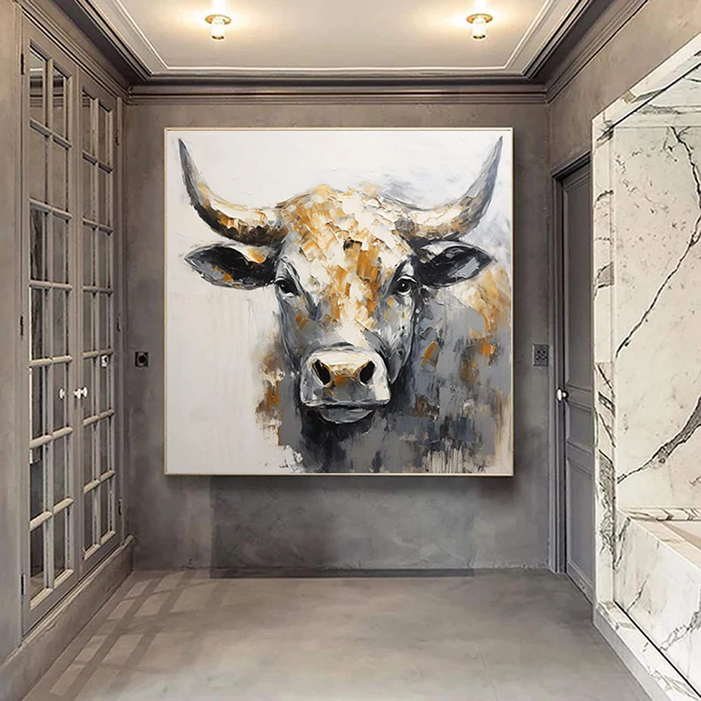 Hand-painted Horse Bull Artwork Large Abstract Paintings Art Gray Gold Painting Animal Wall Art Large Canvas Oil Painting