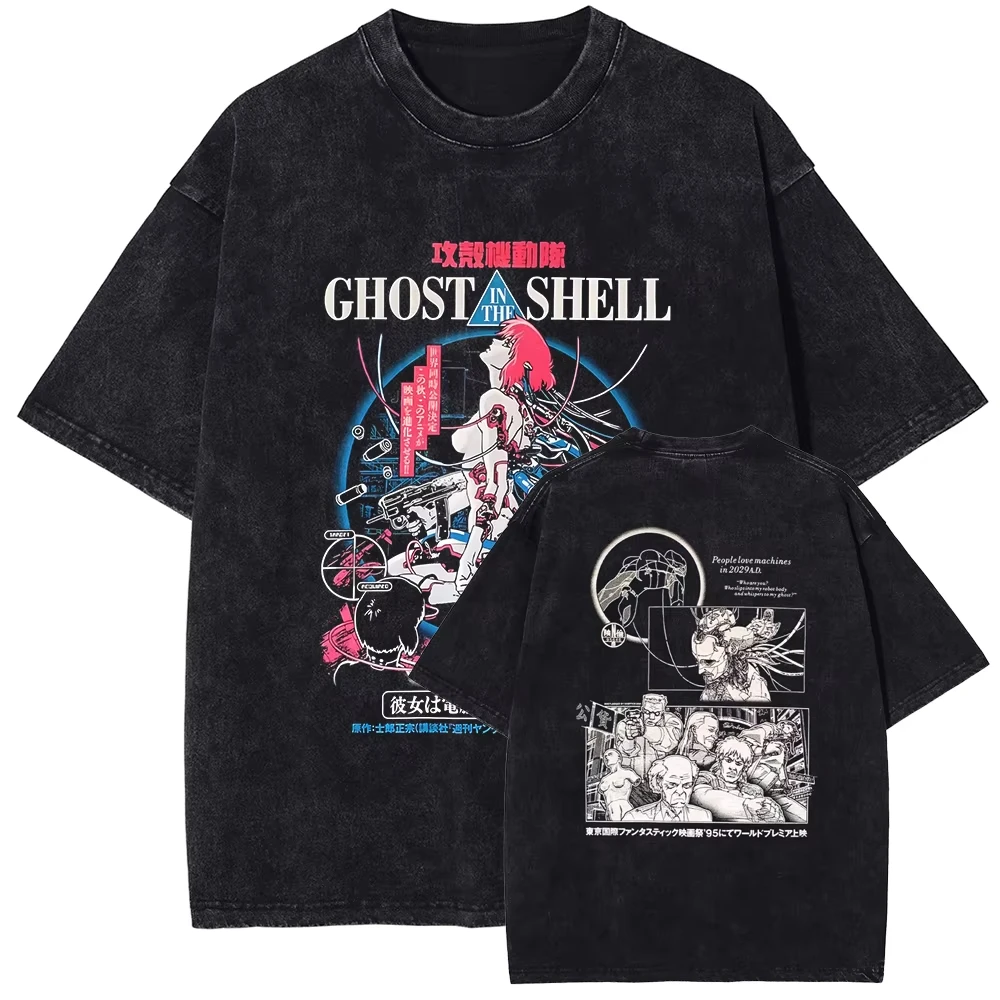 Ghost In The Shell Washed T-shirt Streetwear Trendy Cotton Oversized Unisex Casual T-Shirts Summer Y2k Short Sleeves Classic tee