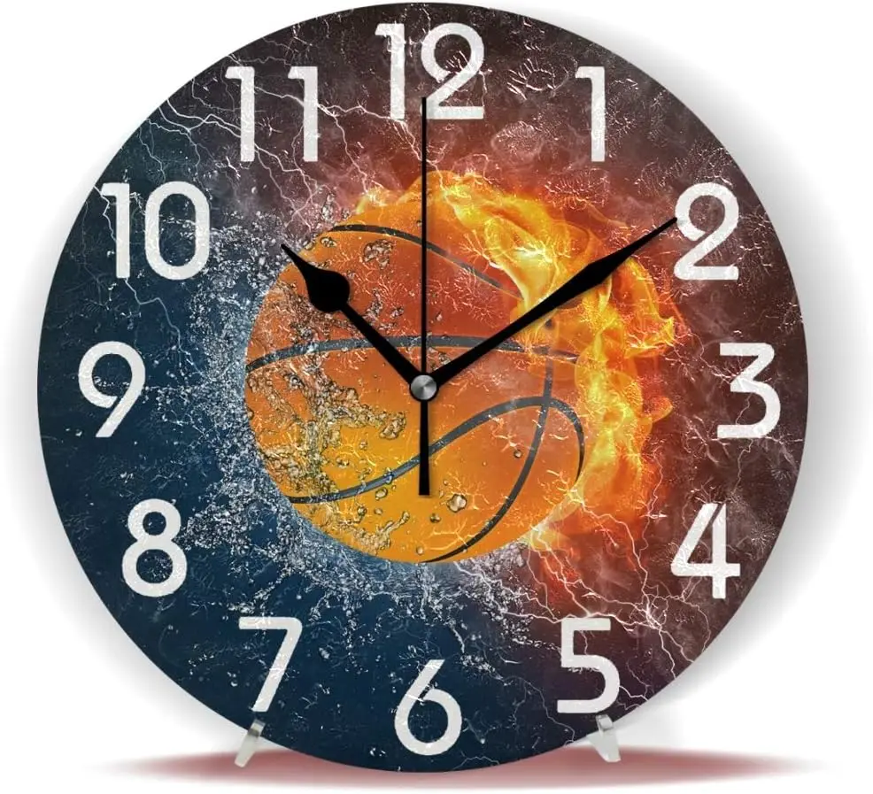 Chic 3D Cool Basketball in Magic Splashed Fire and Water Round Wall Clock Decorative, 9.5 Inch Battery Operated Quartz An