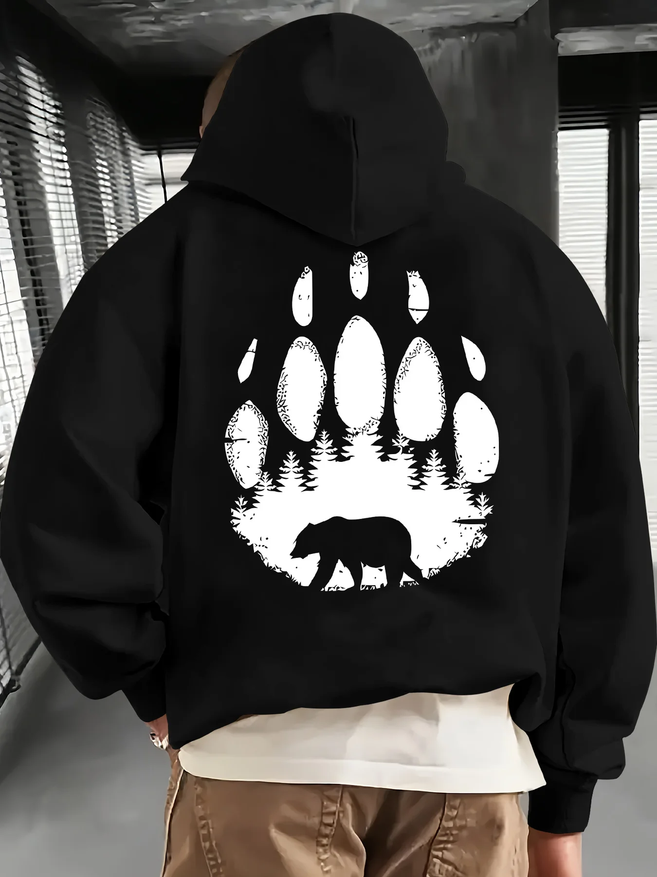 Moletom com capuz de lã estampado com motivos de pata de urso, para homem, quente, ideal para o inverno, roupa desportiva, moletom casual, corte folga