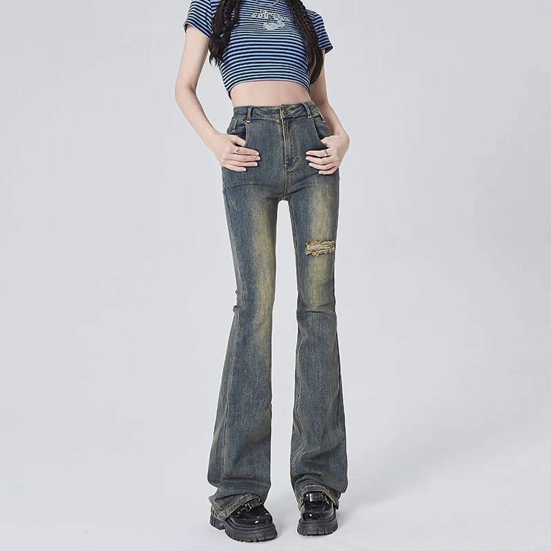 Retro blue broken holes micro-large jeans female 2024 early spring new Spice Girls high-waisted thin straight horseshoe pants