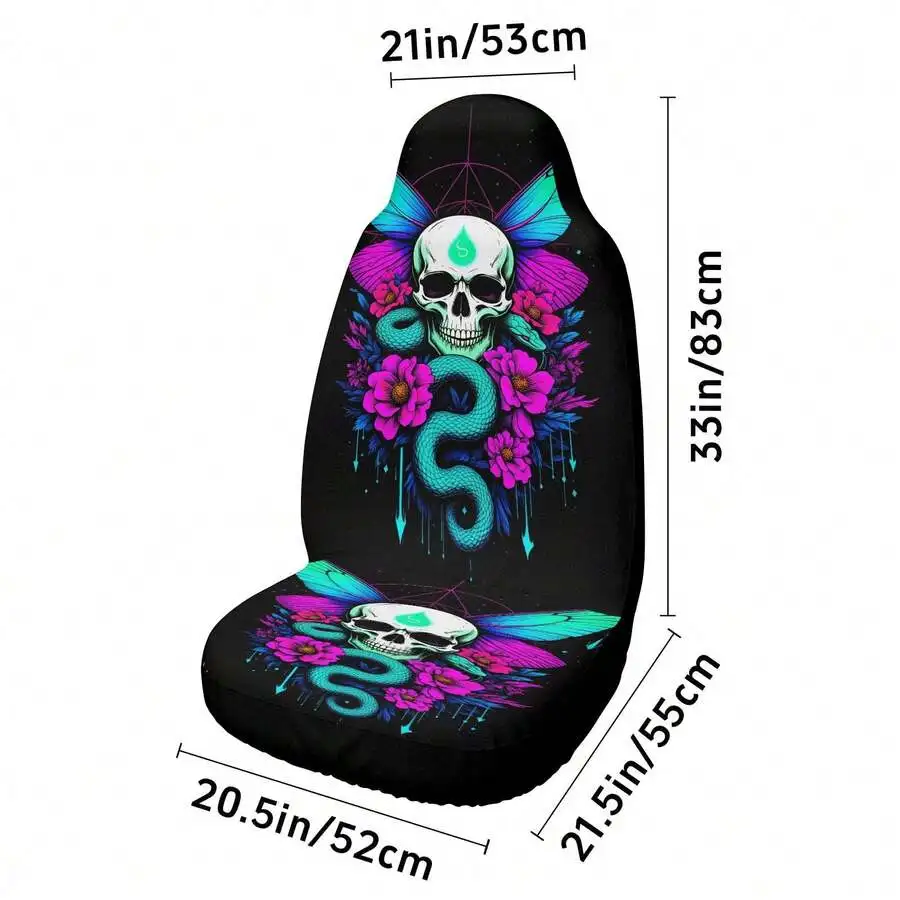 Universal Car Seat Cover With Skull Snake Floral Pattern Non Polyester Fabric Interior Decoration