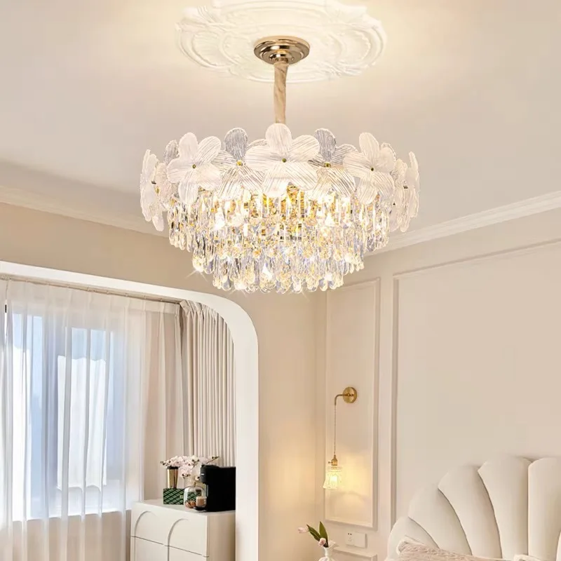 French cream style living room main lamp light luxury round bedroom dining room lamp petal crystal chandelier