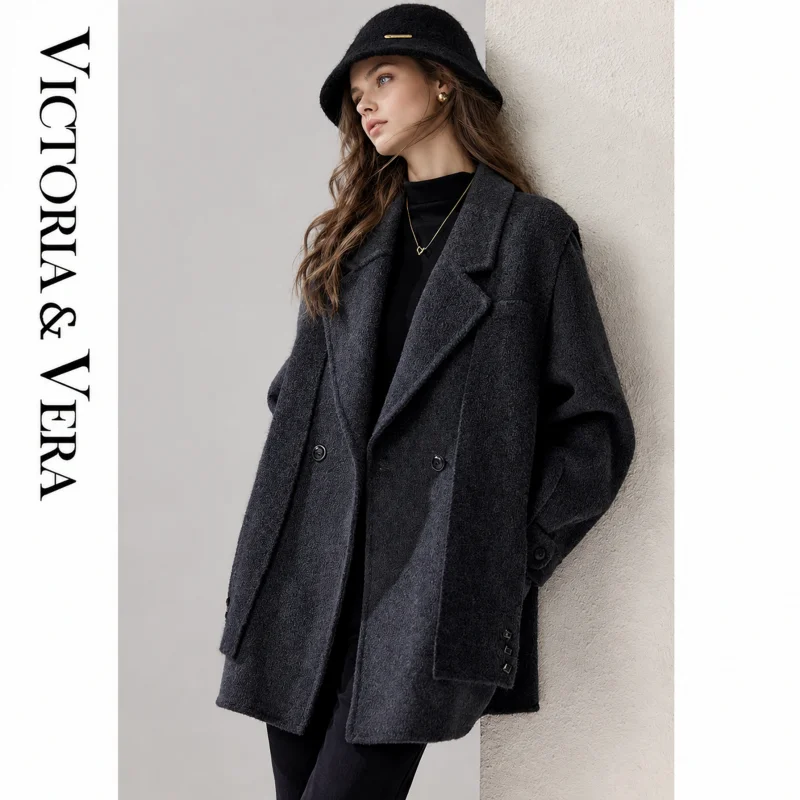 Women's Notched Lapel Double Breasted Mid Length Coat, Oversized Loose Fit Fall Winter Jacket
