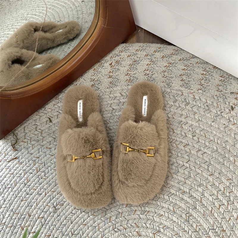 Winter Warm Plush Mules Women One Band Fur Slippers Cozy Cotton Shoes Woman Flats Cover Toe Fleeces Slides Femme Wool Pantuflas