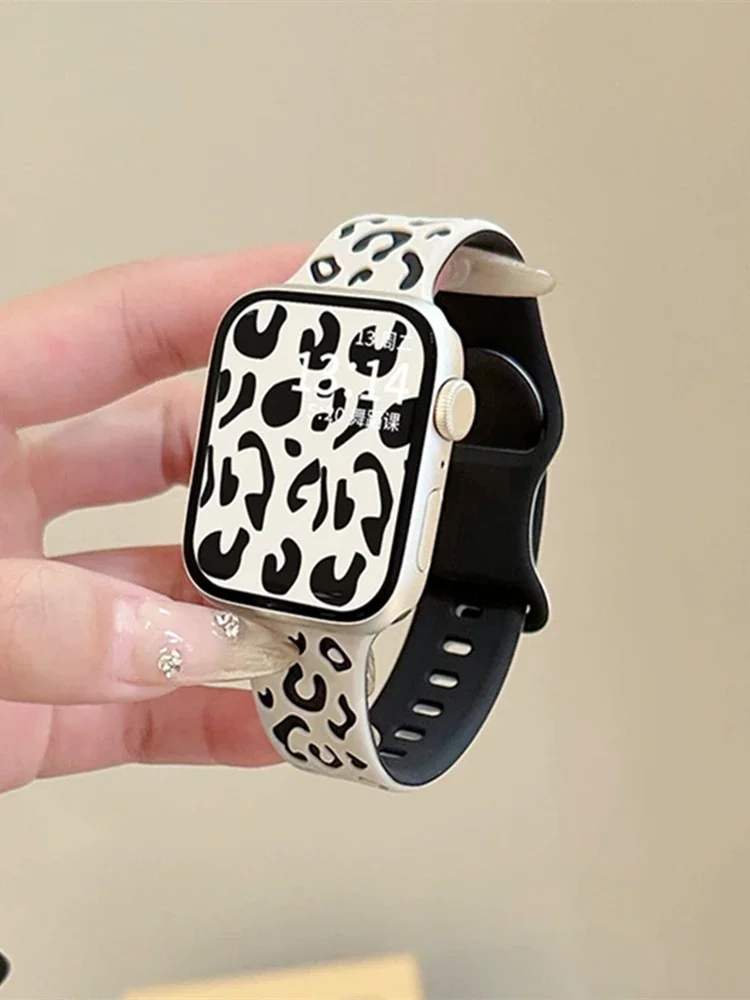 New color leopard print soft silicone strap for Apple Watch band 41mm 45mm 40mm 49mm engraved Correa bracelet for iWatch 9 Ultra