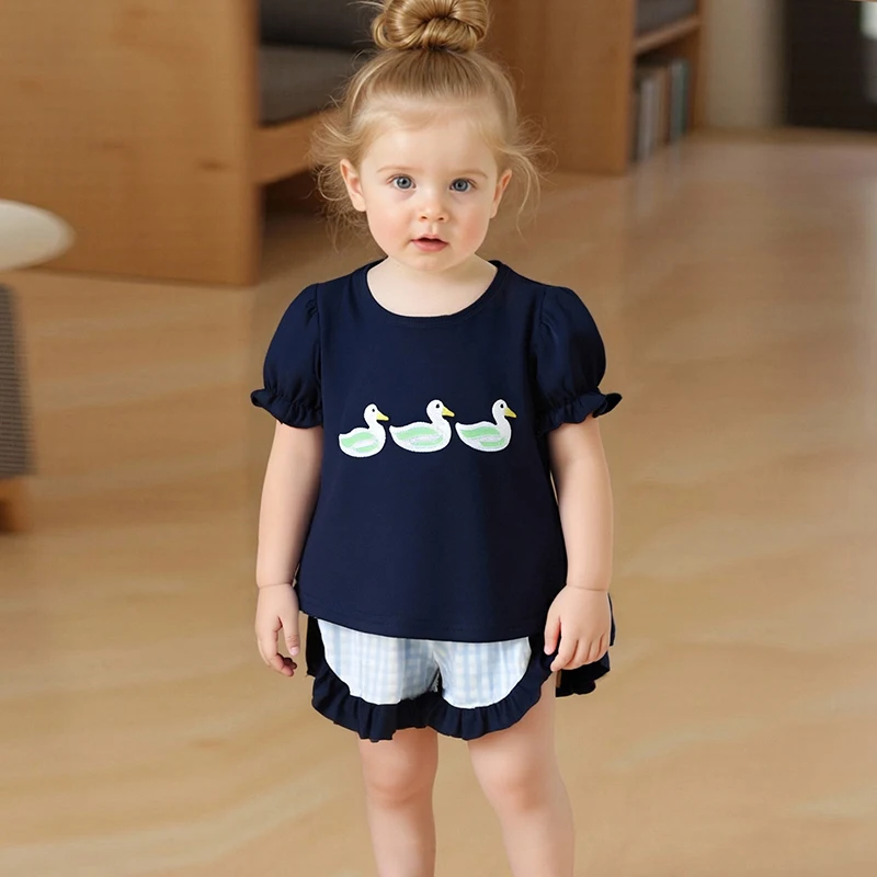 

Детская одежда, летние наряды для девочек, повседневные футболки с короткими рукавами-фонариками и клетчатыми шортами с вышивкой утки, комплект