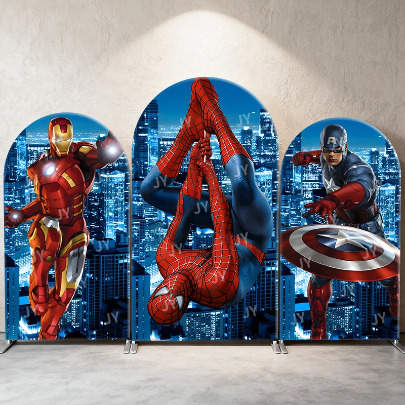 

Marvel Superheroes Arch Backdrop Cover Spiderman Iron Man Captain America Party Decor for Kids Birthday Photograph Background