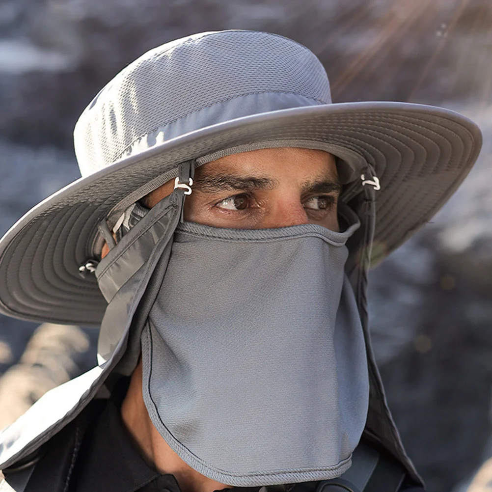 

1Set Sun Protection Fishing Hat Men Breathable Chinlon Wide Brim Adjustable Chin Strap Outdoor Sunshade Hat for Camping Hiking