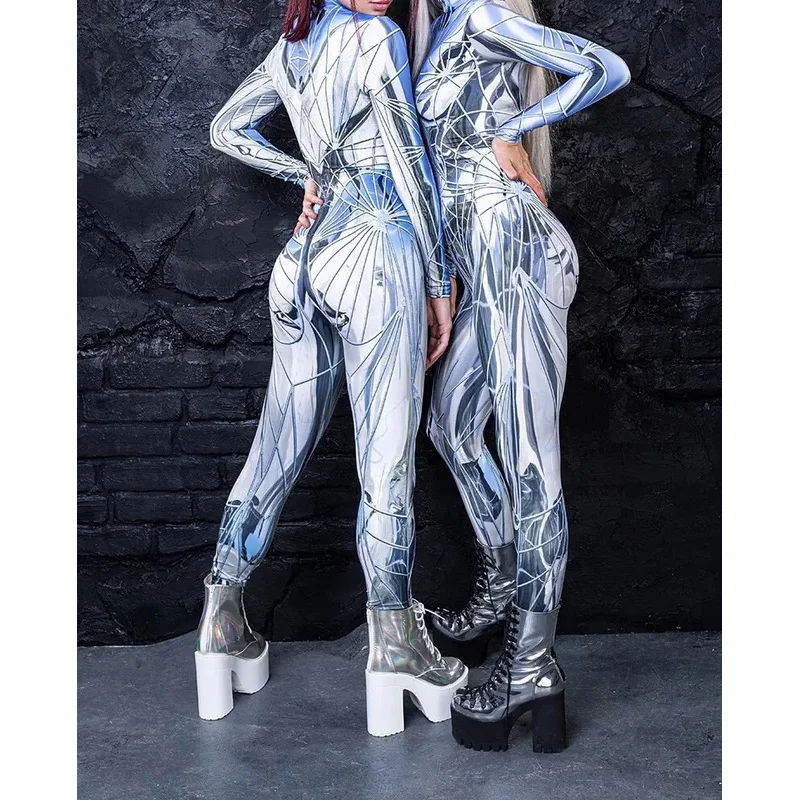 Fashion Crystal Damage Costume for Women, Black Mirror Jumpsuits, Art Print, Zentai Drum Suit, Holiday Party Cosplay Outfit for Girl