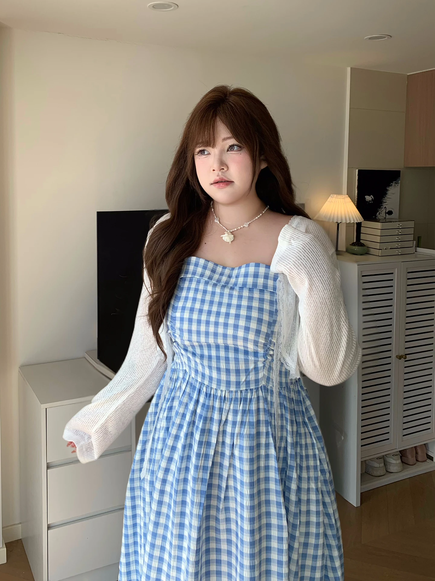 

Elegant White Blue Plaid Wrap Dress Sun Protection Two-Piece Set High Waist A-Line Skirt Long Sleeve round Neck Polyester Fiber