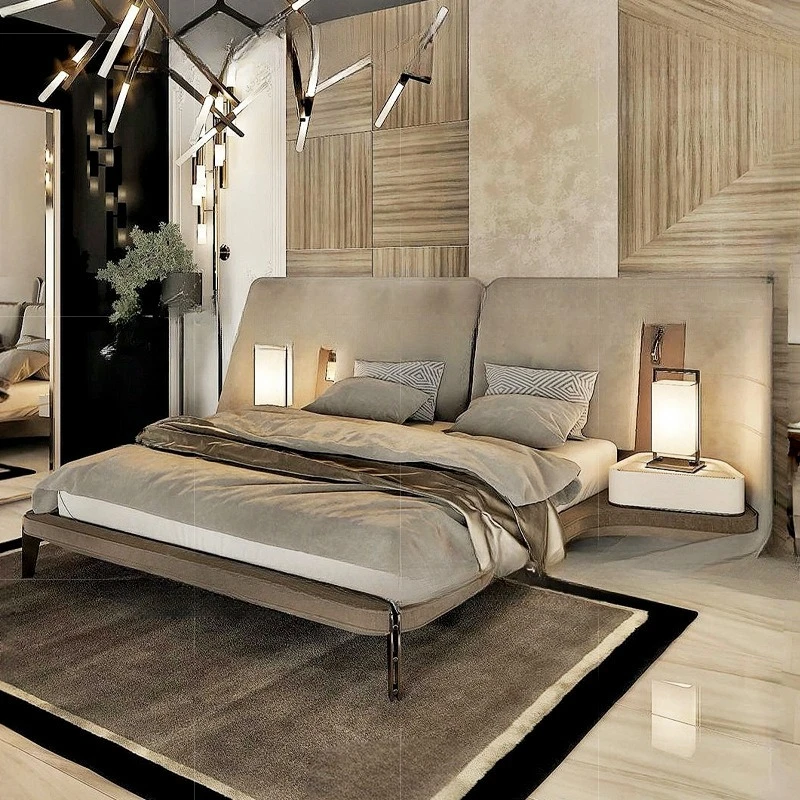 Łóżko wiszące w stylu light luxury, skórzane, artystyczne, do sypialni, domu, willi, nowoczesne, ekskluzywne, kreatywne, z lampką nocną i szerokim ekranem.