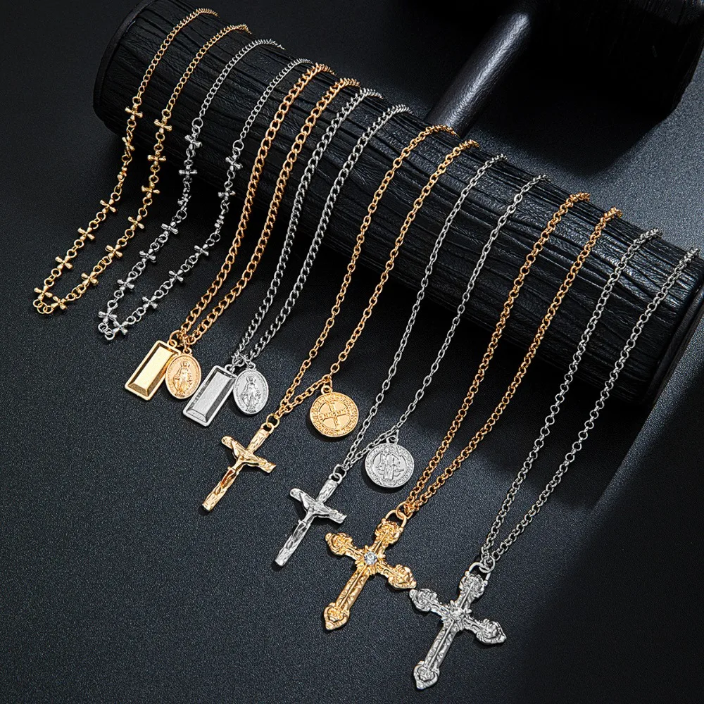 Multi-piece Set Fashion Personality Gold Color Cross Coin Pendant Necklace Women's Picnic Music Festival Stackable Jewelry Sets
