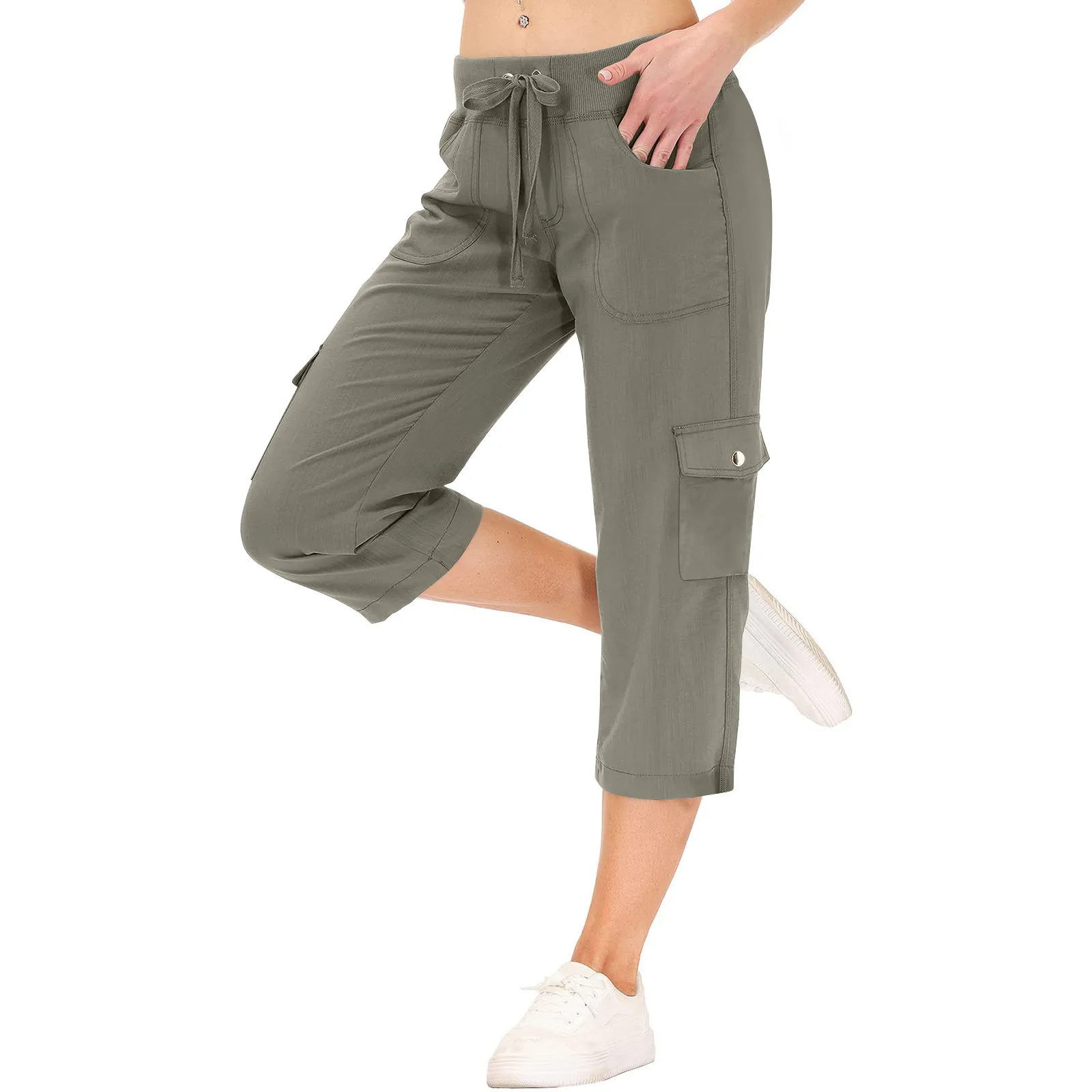 Zomer Cropped Broek Dames Cargo Broek Effen Jogger Multi-Pocket Elastische Taille Sportbroek Streetwear Casual Capri