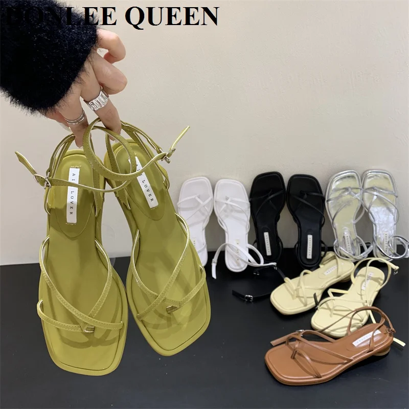 2023 New Summer Women Sandals Fashion Square Toe Flat Heel Ankle Strap Shoes Narrow Band Casual Slides Green Sliver Female Mujer