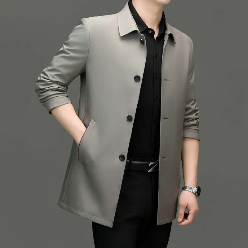 

2024 Men's Trench Coat in The Long Lapel Business Fashion Handsome Solid Color Casual Coat Korean Version of Young Father Suit