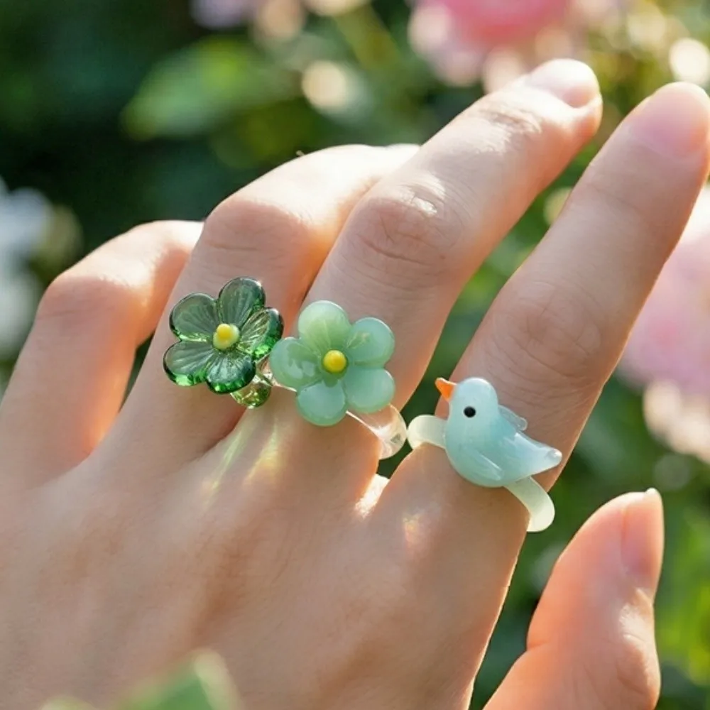 Overlay Handmade Glass Bird Ring Childishness Exquisite Flowers Finger Ring Cute Vintage Coloured Glaze Ring Vacation