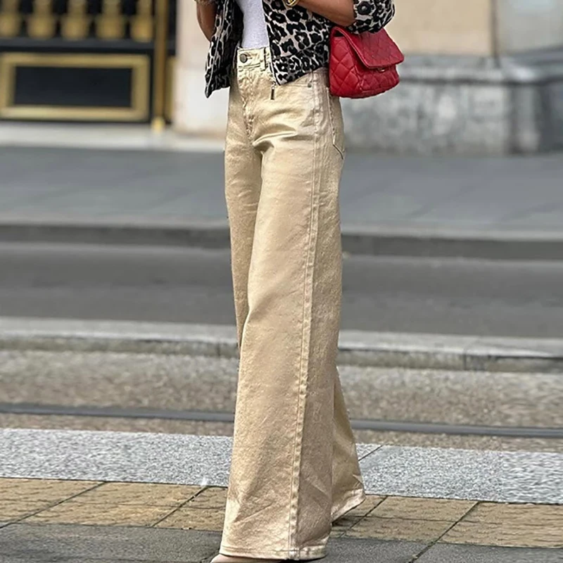 Retro Light Flare High Waist Trousers Women High Street Solid Color Button Pants Harajuku 2025 Loose Female Pockets Style Pant