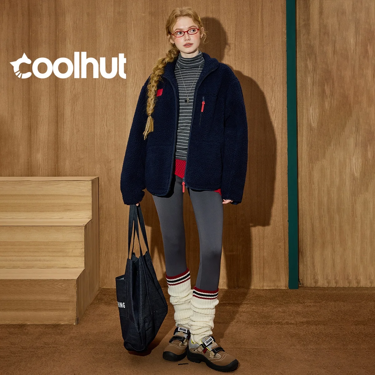 

COOLHUT женская куртка с воротником-стойкой, плюшевое пальто на флисовой подкладке, свободная универсальная верхняя одежда оверсайз из тяжелой смеси хлопка