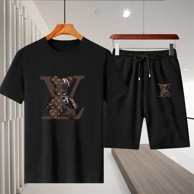 Men's cotton breathable T-shirt and shorts set, 2-piece, men's and women's fashionable short-sleeved knitwear, sports outfit - view 2