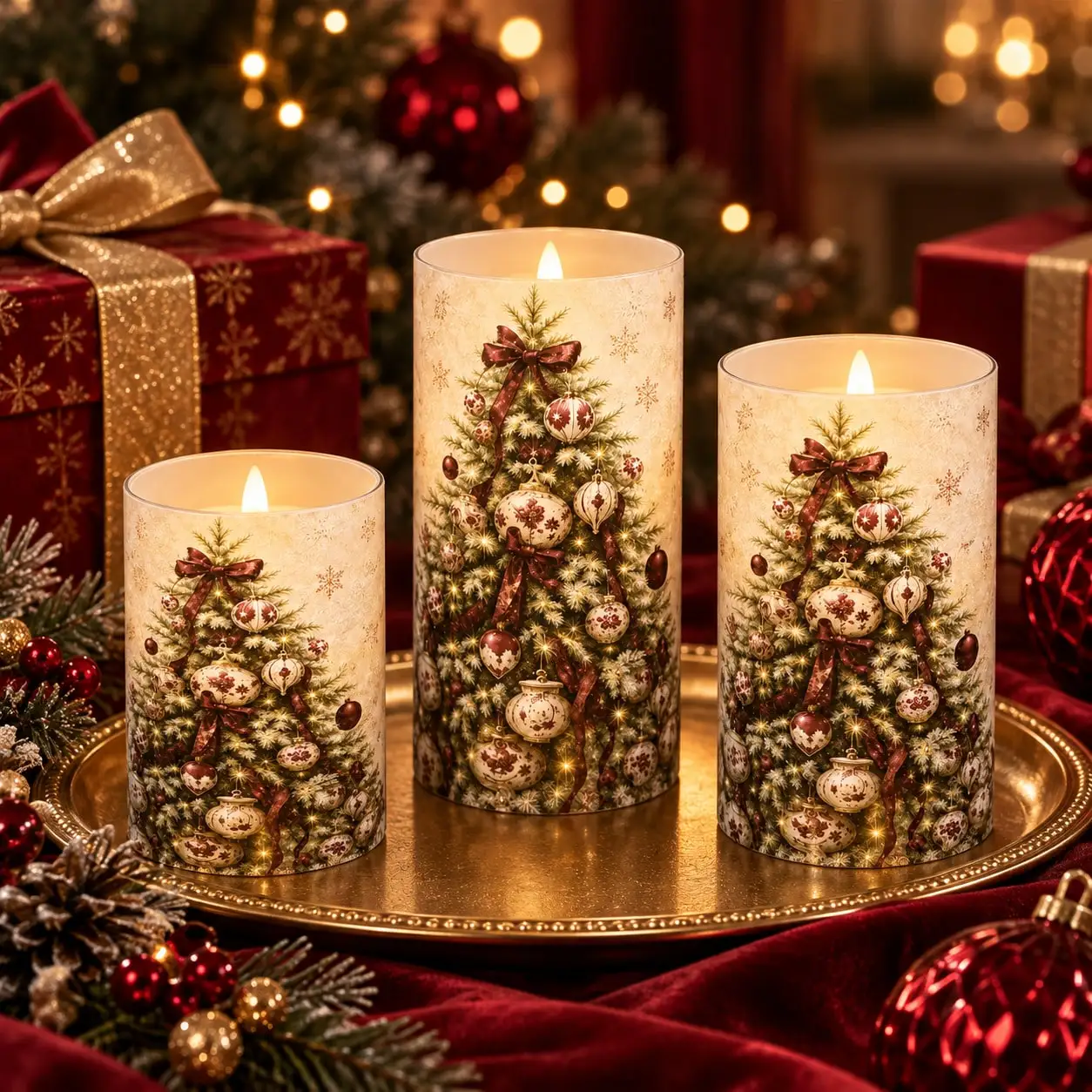 3pc Vintage Christmas Themed Pillar Candle, Retro Xmas Tree Bauble Print Decorative Candle, Warm Ambience Holiday Table Centerpiece, Ideal Home Mantel Fireplace Decor & Christmas Holiday Gift