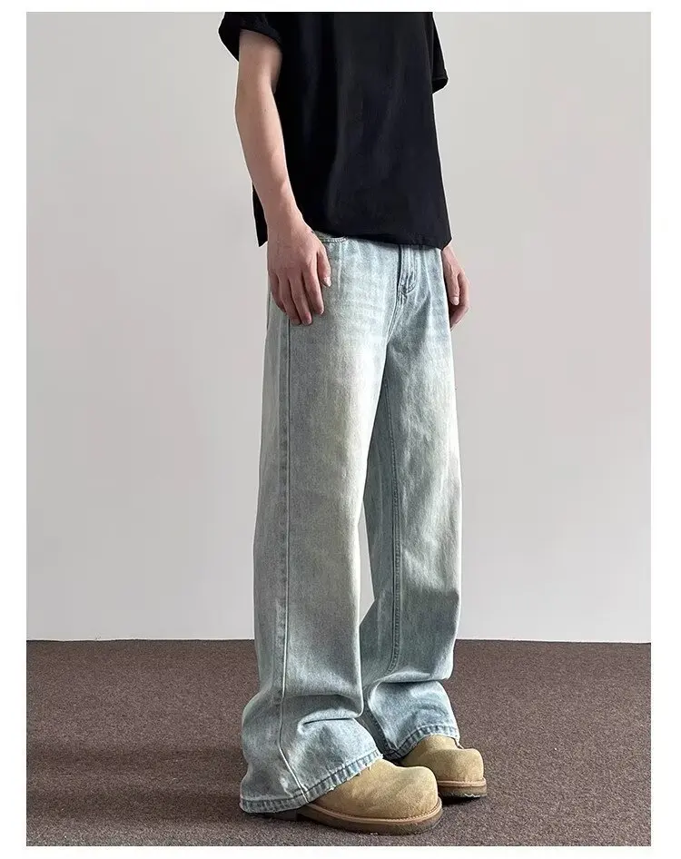 American High Street nueva moda 2025 hombres azul claro recto Casual de moda suelta pantalones vaqueros de pierna ancha pantalones vaqueros masculinos