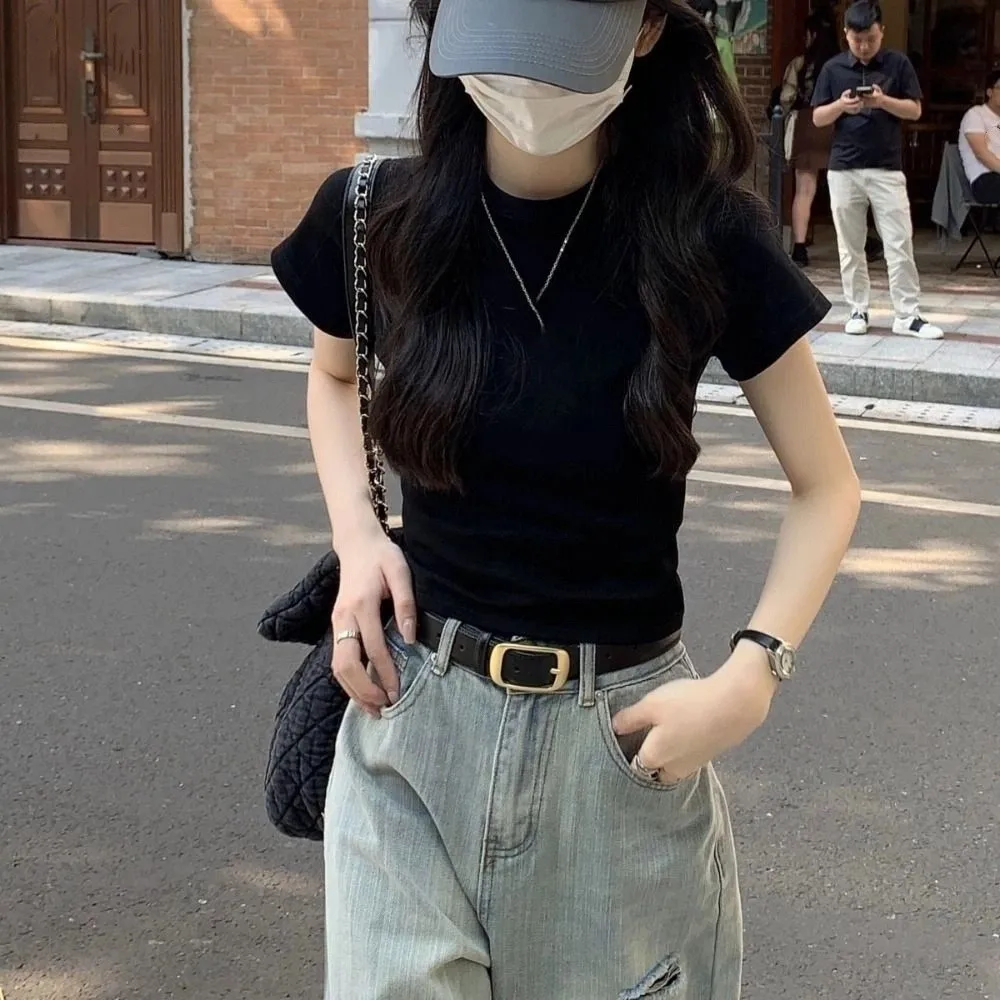 

Fashion Solid Color Short Sleeve T-shirt Slim Fit Sweet Y2K Crop Top Chic Korean Style Tees Shirts Women Girls