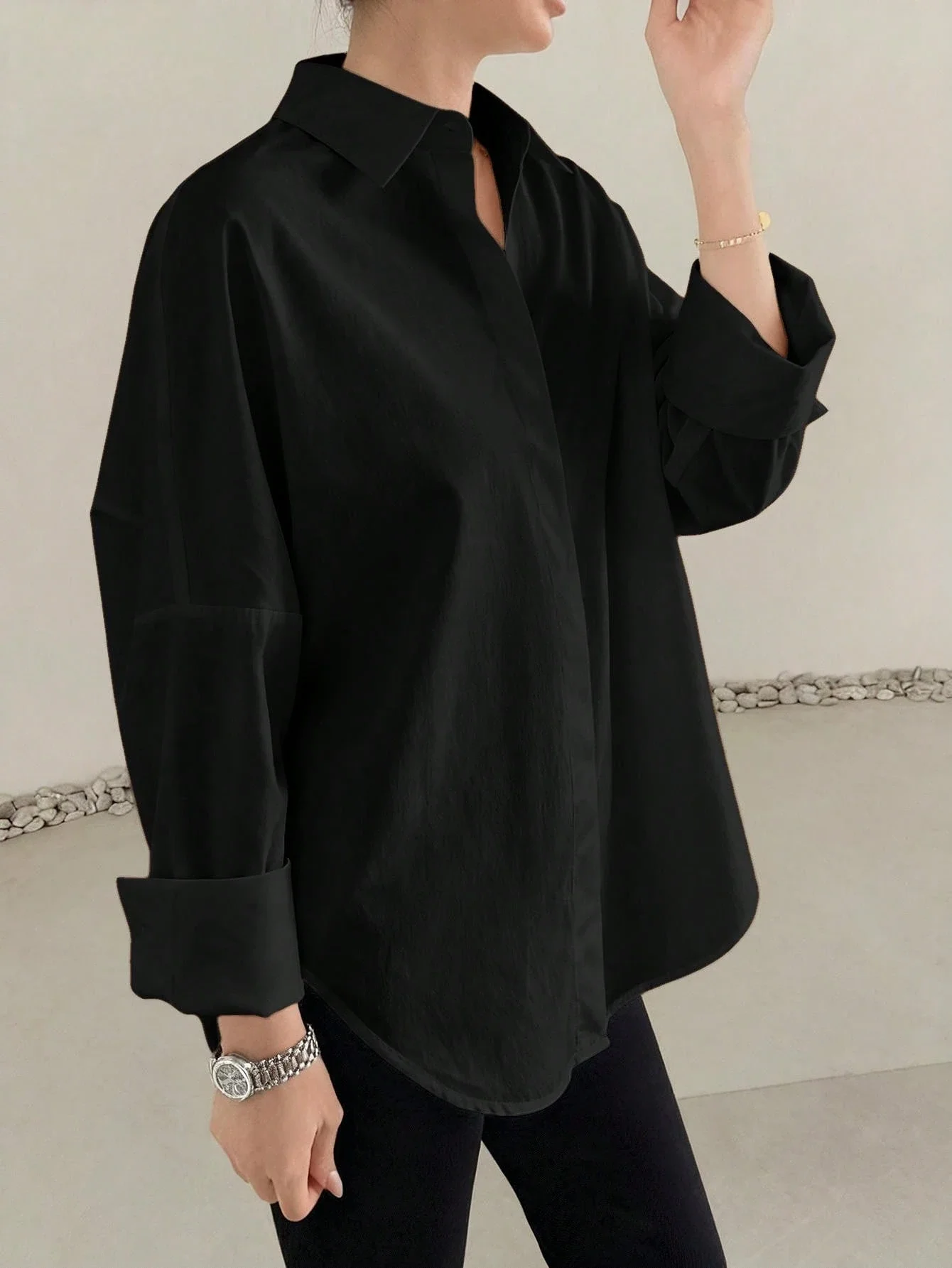 

Loose Fit Black Long Sleeve Blouse For Women Office Casual Wear
