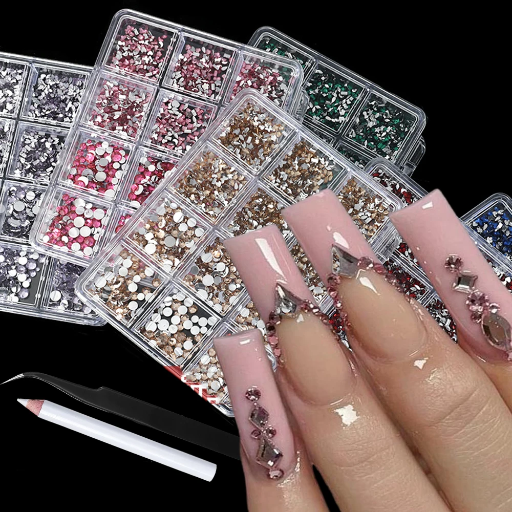 Kit de 12 rejillas de resina mixta para uñas, diamantes de imitación de cristal con parte posterior plana, joyas para uñas con recogedor de lápiz, pinzas, manualidades de manicura