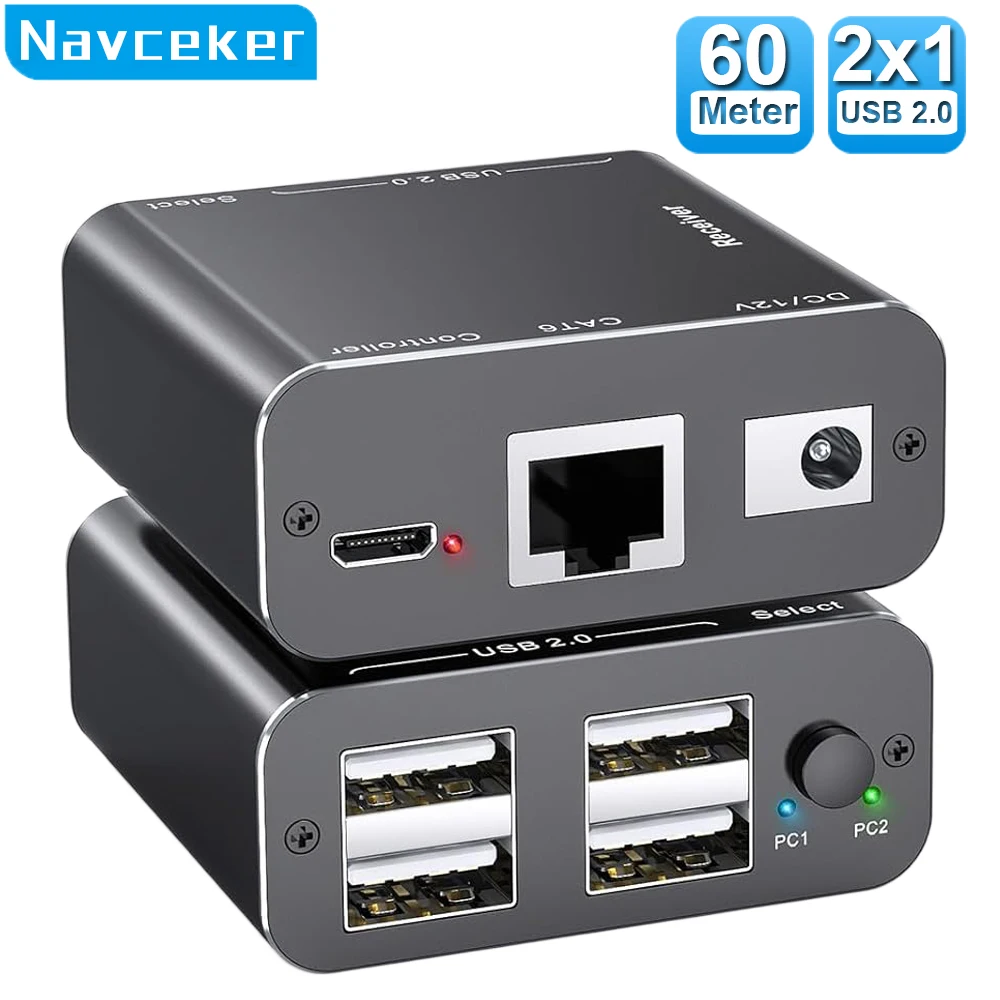 

Navceker 4-портовый USB-удлинитель 60 м через кабель Rj45 CAT6 USB-переключатель-концентратор-адаптер для 2 ноутбуков 2 ПК U-диска, мышь, клавиатура, сканер